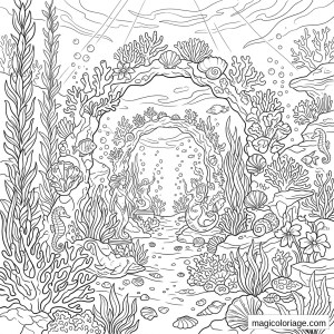 Coloriage paysage fantastique sous-marin avec sirènes, arches de corail, poissons et hippocampes