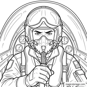 Coloriage pilote militaire dans cockpit d’avion de chasse avec casque, masque à oxygène et cadrans