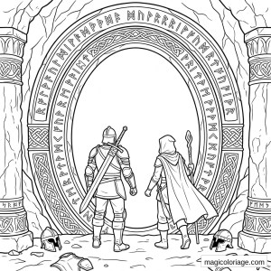Coloriage heroic fantasy avec deux aventuriers devant un portail runique et des piliers celtiques