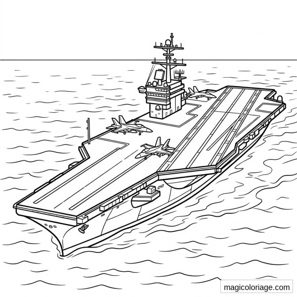 Coloriage porte-avions militaire avec avions de chasse sur le pont et mer autour