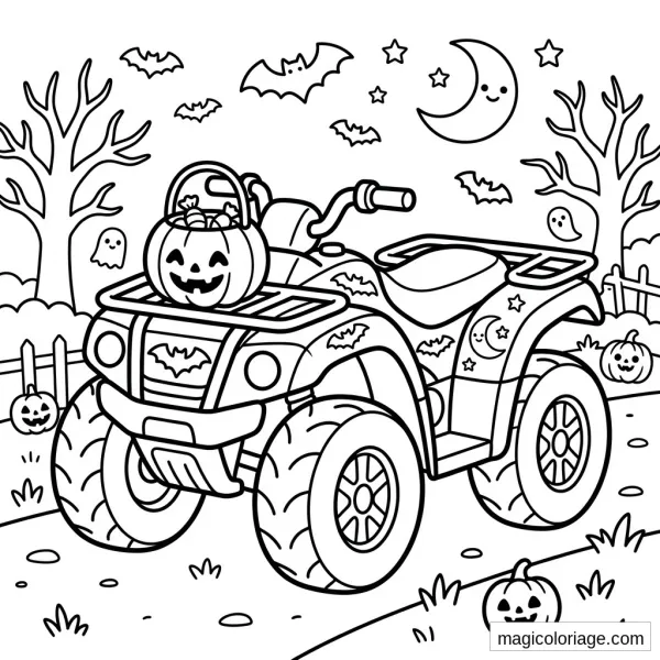 Halloween quad coloring page with pumpkins, bats, ghosts and a smiling moon