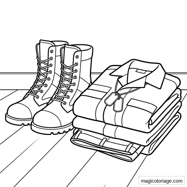 Coloriage militaire avec rangers à lacets, uniforme plié et plaques d’identification sur un plancher