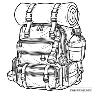 Coloriage sac à dos militaire avec gourde, boussole, lampe torche et rouleau de couchage