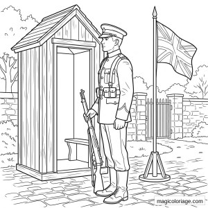 Coloriage militaire d’un soldat britannique devant une guérite, fusil et drapeau Union Jack