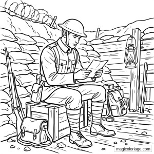 Coloriage militaire d’un soldat dans une tranchée lisant une lettre, avec sacs de sable, fusil et lanterne