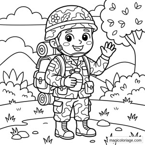 Coloriage militaire avec jeune soldat en uniforme camouflage, sac à dos, gourde et décor de campagne