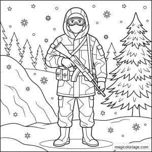 Coloriage militaire d’un soldat en tenue d’hiver avec fusil, sapins et flocons de neige