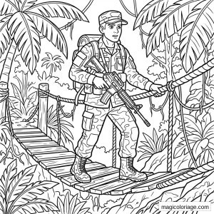 Coloriage militaire d’un soldat armé sur un pont suspendu dans la jungle tropicale