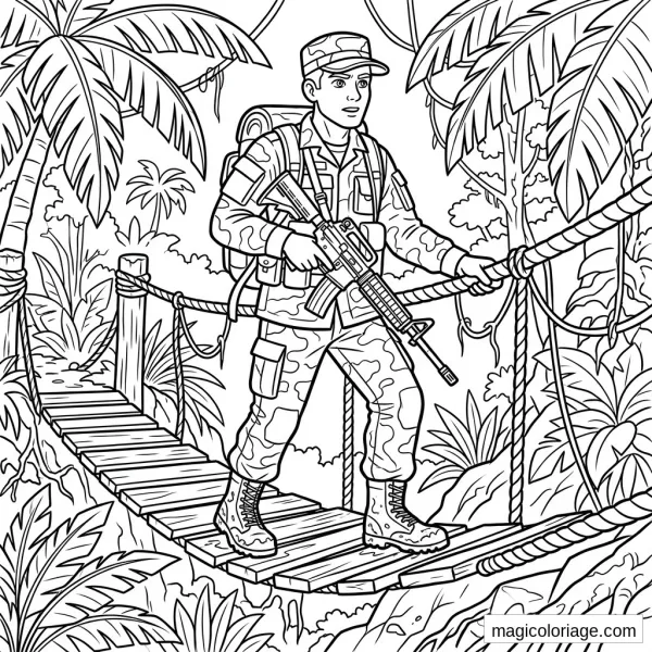 Coloriage militaire d’un soldat armé sur un pont suspendu dans la jungle tropicale