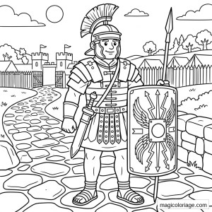 Coloriage soldat romain avec bouclier, lance, armure et camp militaire antique