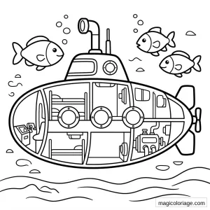 Coloriage sous-marin militaire avec hublots, intérieur visible, poissons, bulles et vagues sous l’eau