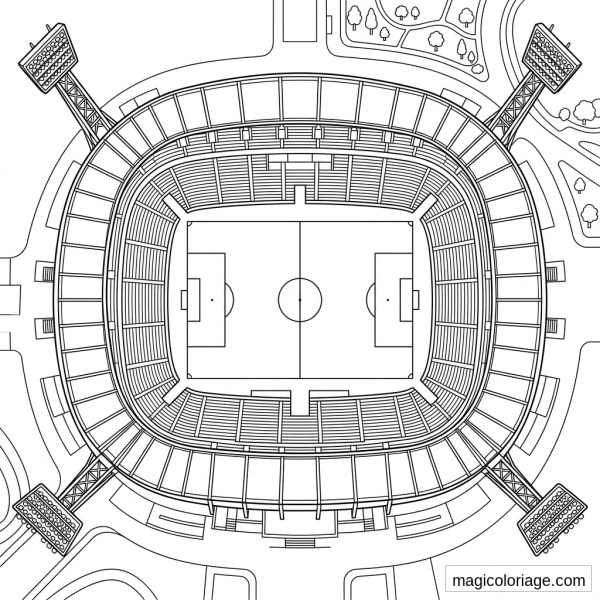 Coloriage Coupe du monde 2026 : stade de football vu du ciel avec terrain, gradins et projecteurs