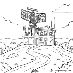 Coloriage station radar militaire sur colline avec antenne, bâtiment de contrôle et chemin
