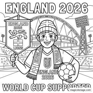 Coloriage Coupe du monde 2026 supporter anglais avec ballon, écharpe, pancarte England et stade