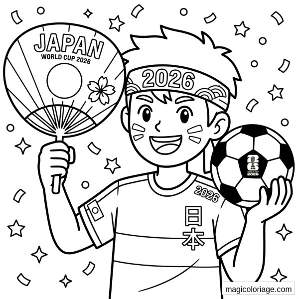 Coloriage Coupe du monde 2026 supporter Japon avec éventail, ballon de football et confettis