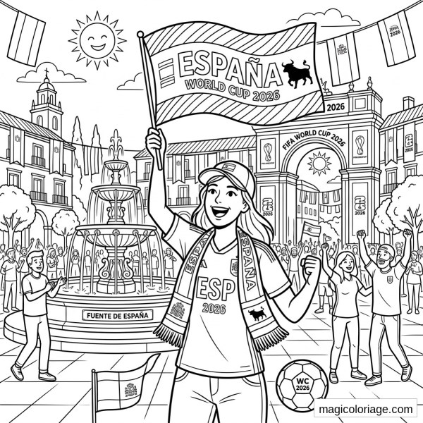 Coloriage Coupe du monde 2026 avec supportrice Espagne, drapeau España, foule, fontaine et arche FIFA