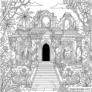 Coloriage paysage fantastique avec temple en ruine, jungle, lianes, lotus, colonnes et oiseaux sculptés