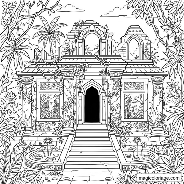 Coloriage paysage fantastique avec temple en ruine, jungle, lianes, lotus, colonnes et oiseaux sculptés