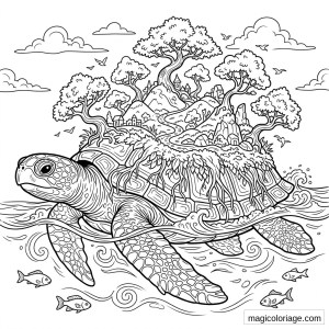 Coloriage paysage fantastique avec tortue géante portant une île, arbres, village et poissons