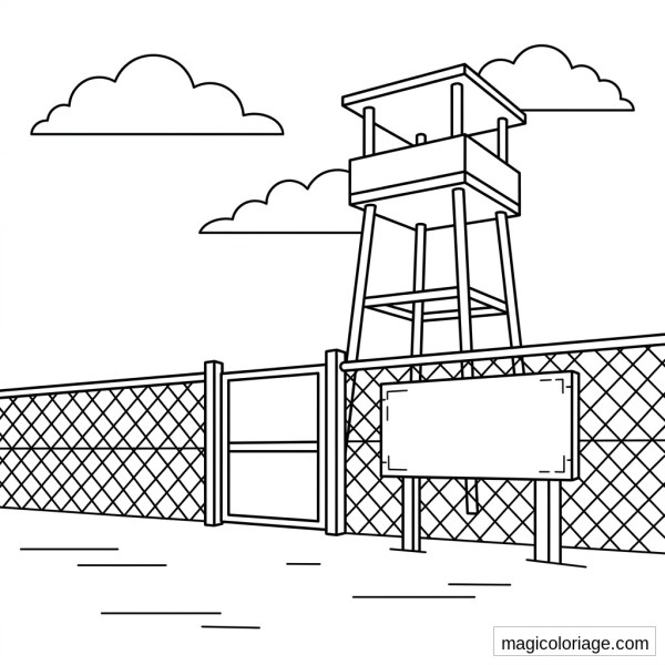 Coloriage militaire avec tour de garde, clôture grillagée, portail et panneau d’entrée de base