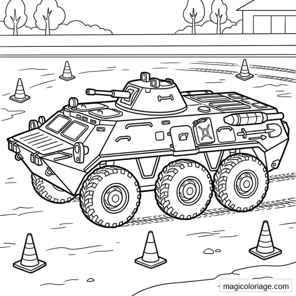 Coloriage véhicule blindé militaire à six roues avec tourelle, canon, cônes et terrain d’entraînement