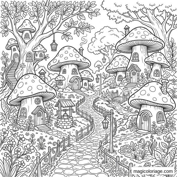 Coloriage paysage fantastique avec village de maisons champignons, chemin pavé, arbres, fleurs et lanternes