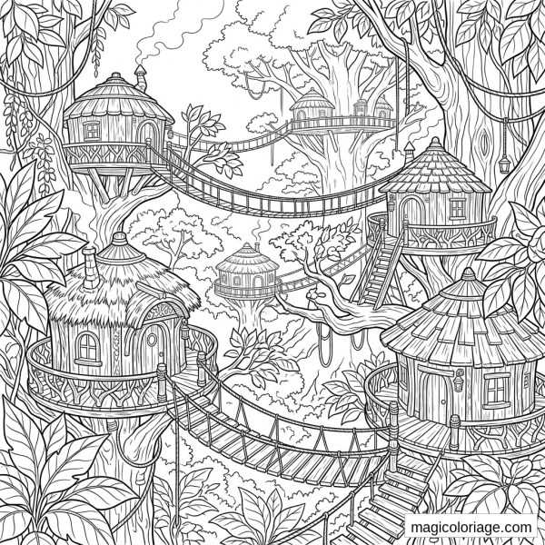 Coloriage paysage fantastique avec village de cabanes dans les arbres et ponts suspendus